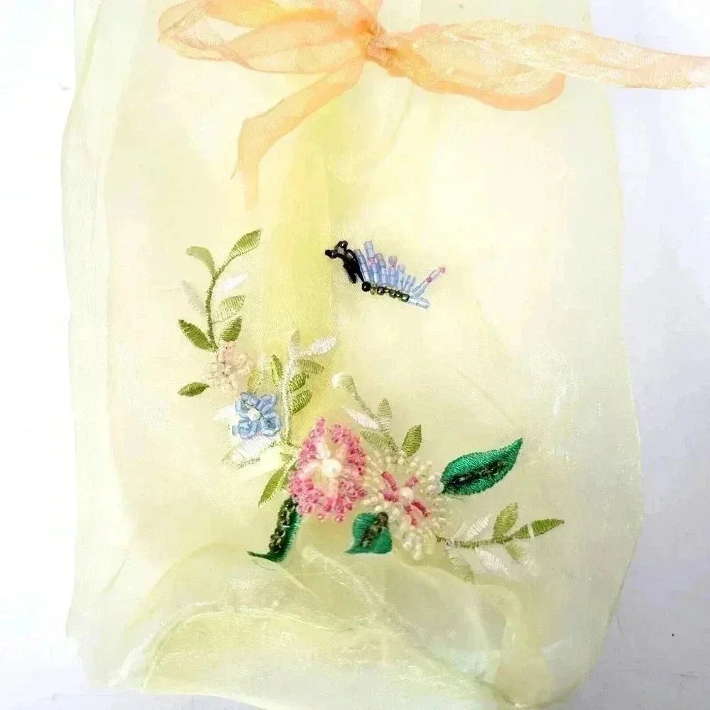Gift Jewelry Bag Organza Beaded Embroided Pale Yellow Orange Tie 9